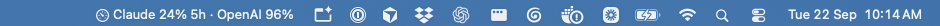 macOS menu bar showing Claude 24% 5h · OpenAI 96%